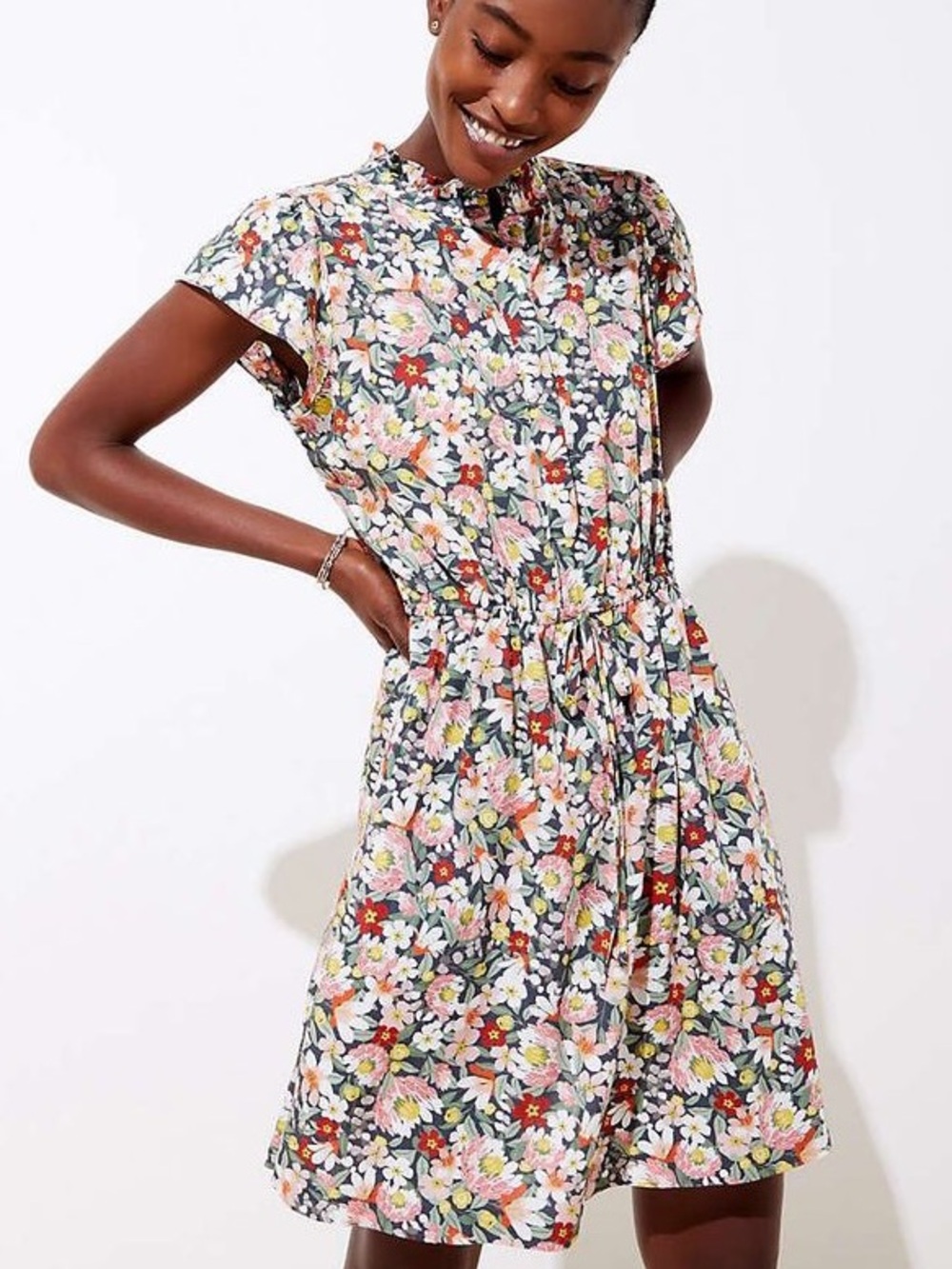 LOFT Floral Ruffle Drawstring Dress Size 16